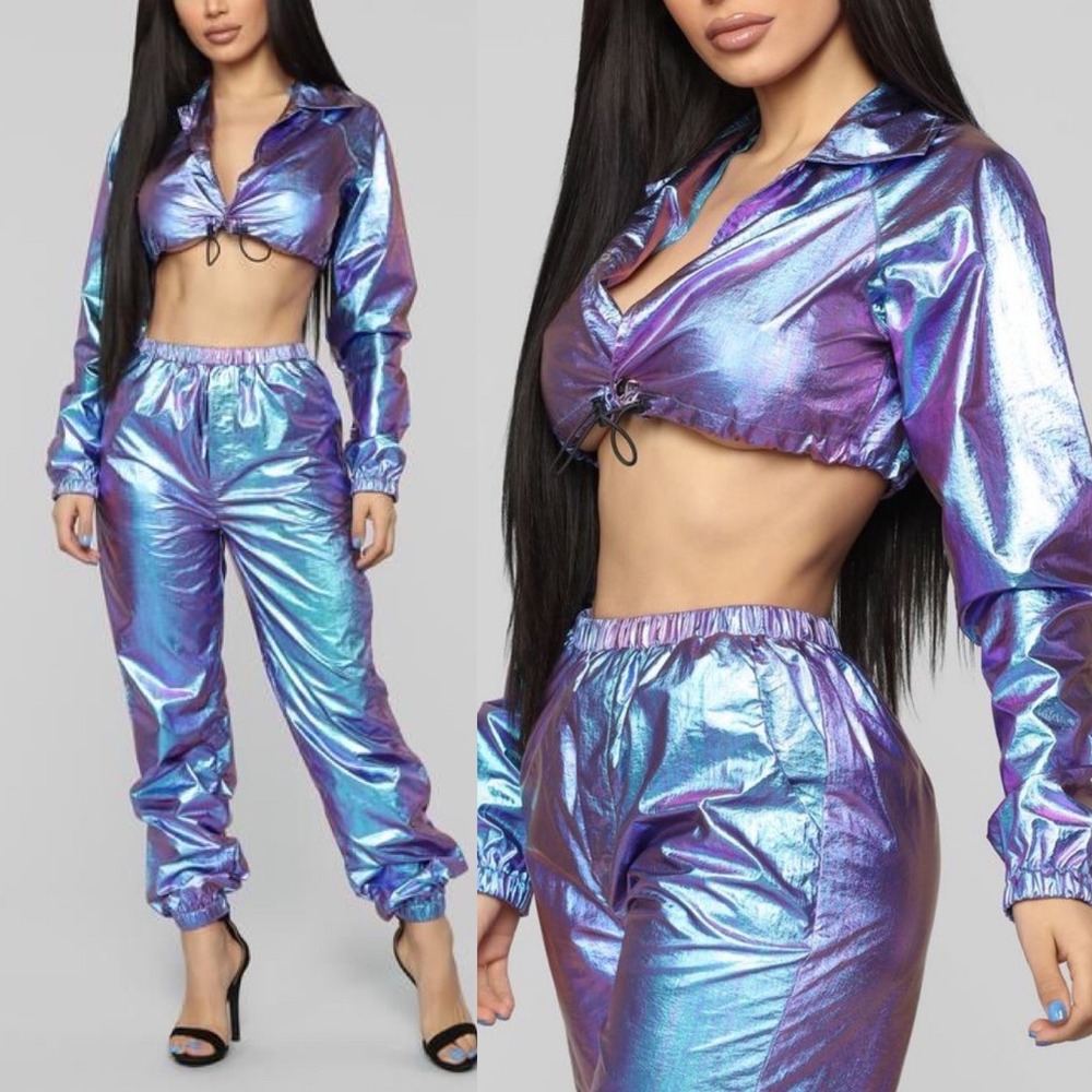 NWOT Fashion‎ Nova Iridescent Purple Crop Jacket & Pants Tracksuit Set S